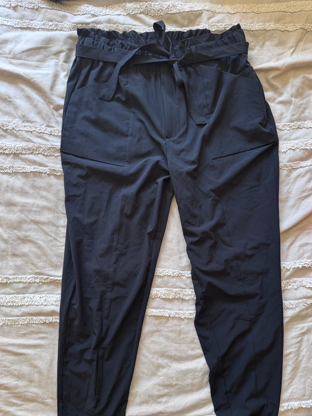 Paperbag Waist Black Tech Dress Pants with Tie